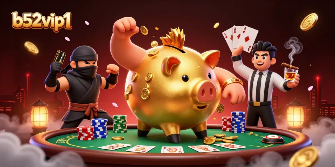 Engage with b52vip1's gaming thrill featuring a giant piggy bank sumo wrestler among vibrant poker elements.