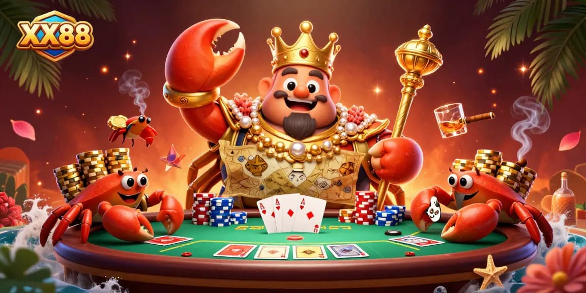 Experience gaming excitement at XX88 with a golden crab emperor, poker elements, and vibrant casino atmosphere.