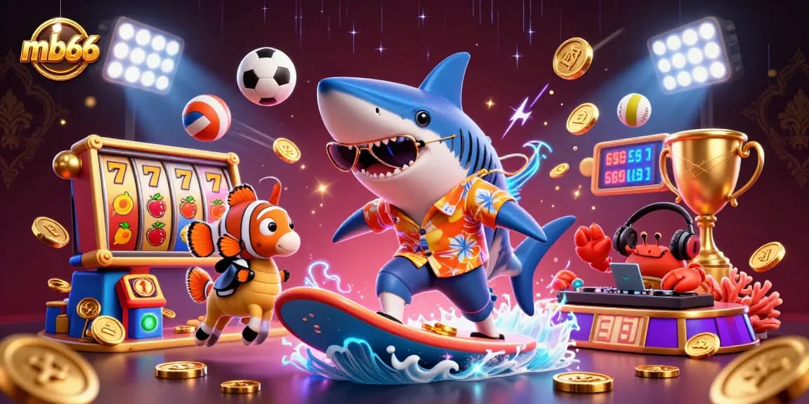 Experience thrilling wins with mb66's 3D cartoon shark, surfacing coins and slot games in vibrant action.