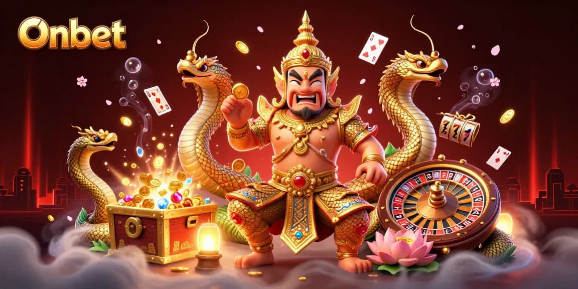 Experience the thrill of Onbet with a dynamic casino scene featuring slot reels and a roulette wheel.