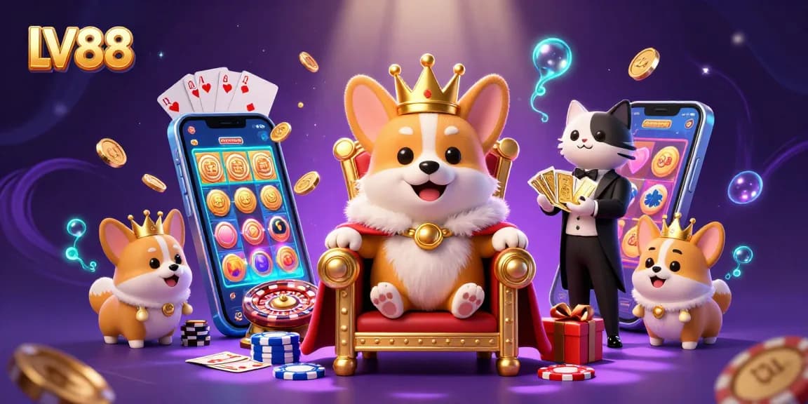 Experience the thrill of LV88 with a playful royal corgi and vibrant gaming elements.