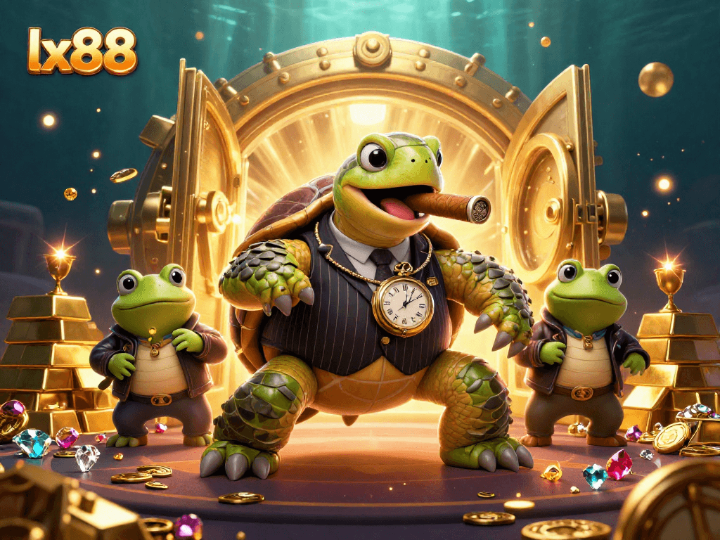Engage in the thrilling world of lx88 with a vibrant 3D illustration showcasing a mobster snapping turtle and bullfrog enforcers.