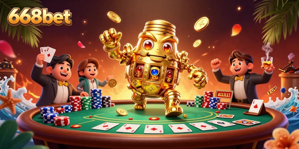 Experience the thrill of 668bet with a dazzling 3D illustration showcasing a golden golem amidst poker elements.