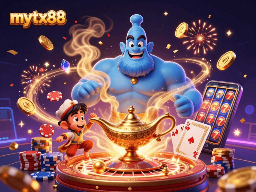 Experience endless fun at mytx88 with a vibrant casino scene featuring a genie, monkey, and poker chips flying.