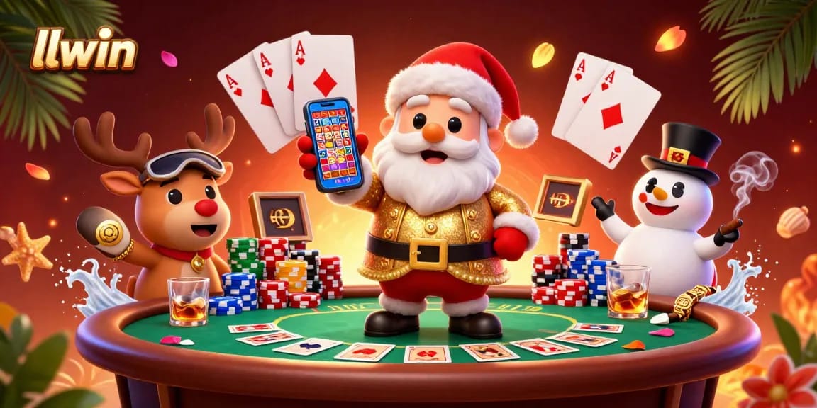 Experience thrilling gaming at llwin with a vibrant 3D casino illustration featuring Santa and friends.