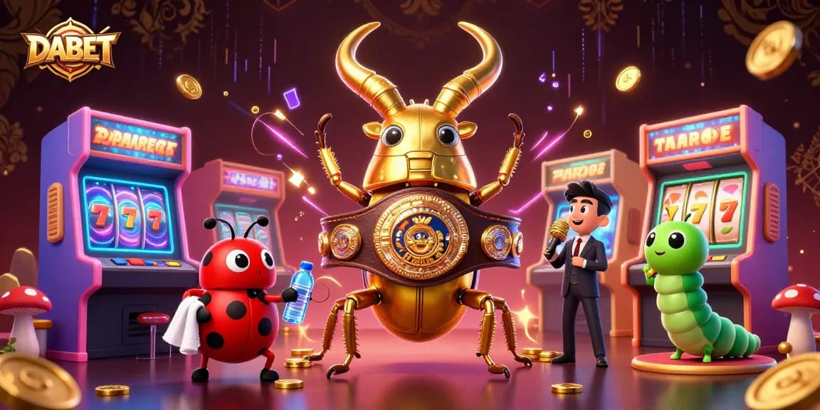 DABET's vibrant gaming universe showcases a majestic golden stag beetle champion, with dynamic slot reels and colorful arcade elements.