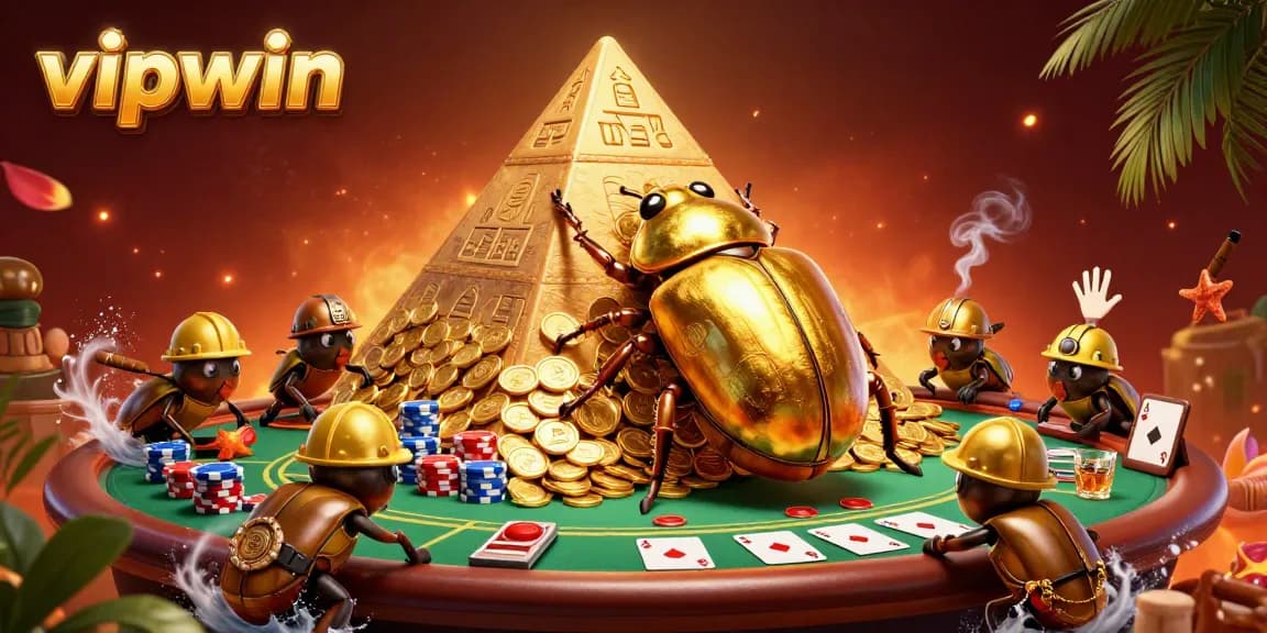 Experience thrilling gameplay at vipwin with captivating poker scenes featuring golden beetles and vibrant casino elements.