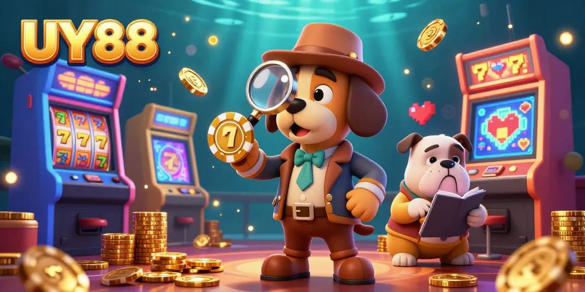 Engage with UY88 at this vibrant casino scene showcasing a detective discovering poker clues.