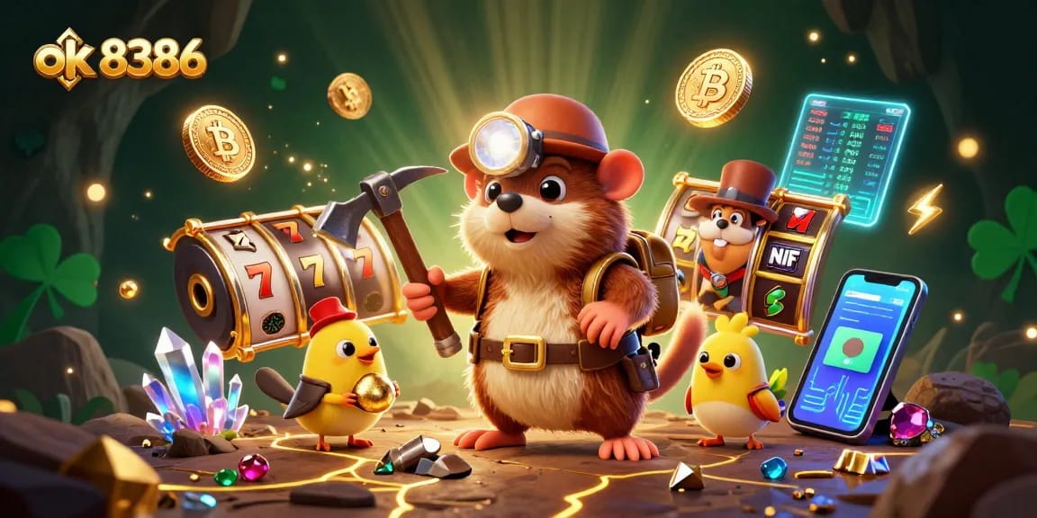 Spin and win with ok 8386 in this vibrant casino scene featuring a treasure hunter mole, slot reels, and glowing bitcoin