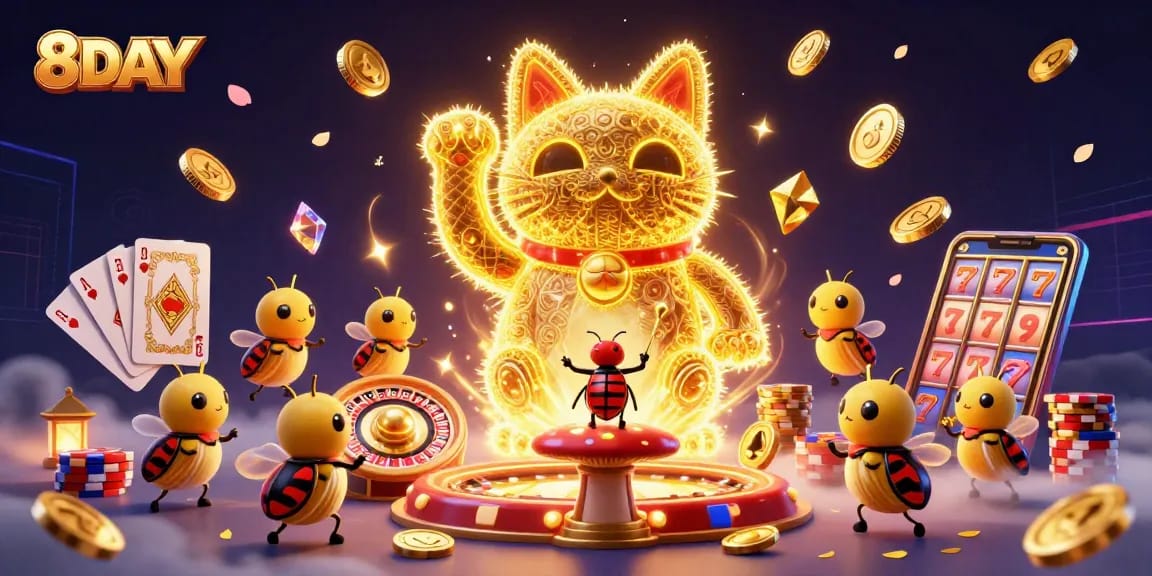 Experience thrilling gameplay with 8DAY's lucky cat and vibrant casino elements in a whimsical atmosphere.