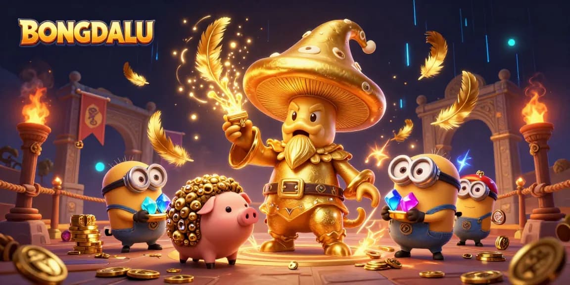 BONGDALU sports betting illustration showcasing magical elements and treasure-themed characters amidst vibrant casino graphics.