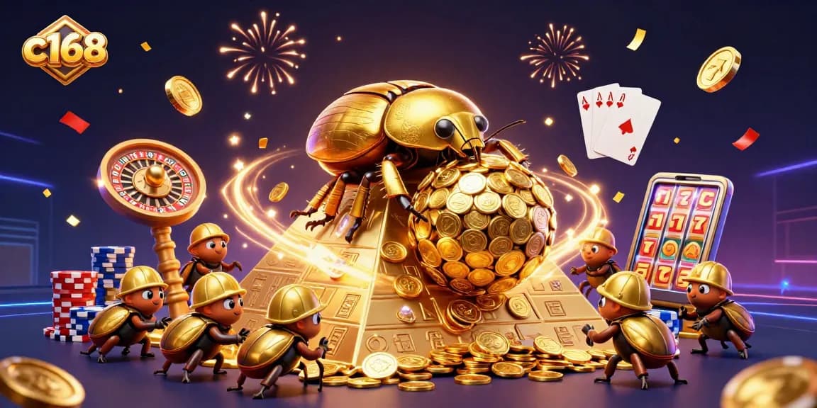 Experience thrilling wins at c168 with a vibrant 3D casino scene featuring a lucky beetle theme.