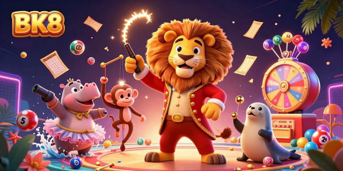 Engage with exciting gameplay at BK8, featuring dynamic 3D circus characters amidst colorful casino elements.