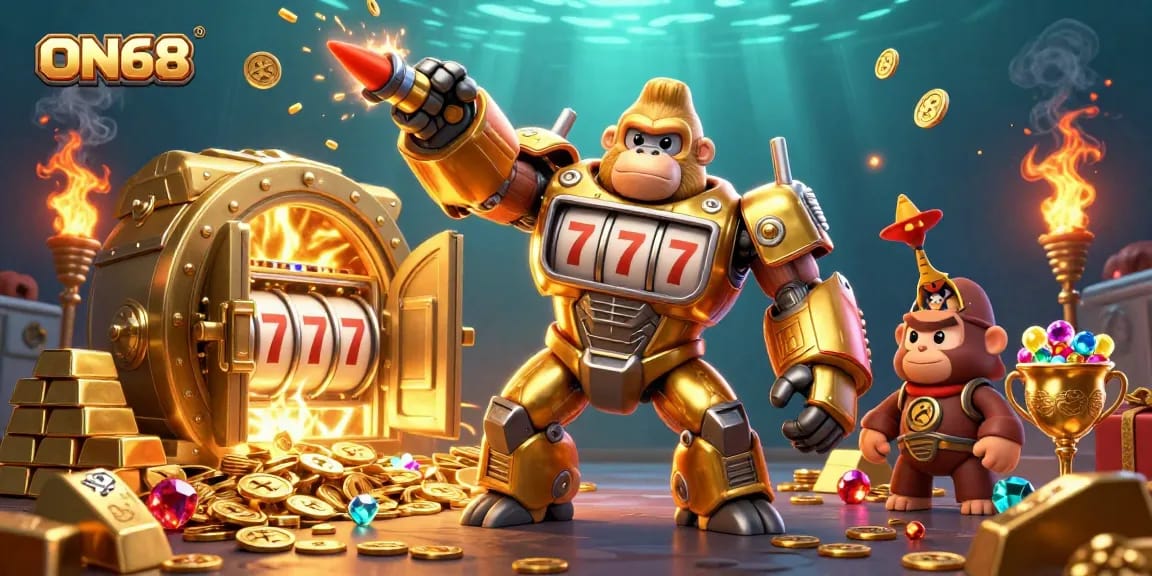 Experience the excitement of ON68 with a vibrant 3D illustration of a golden mech breaking through piles of treasures.