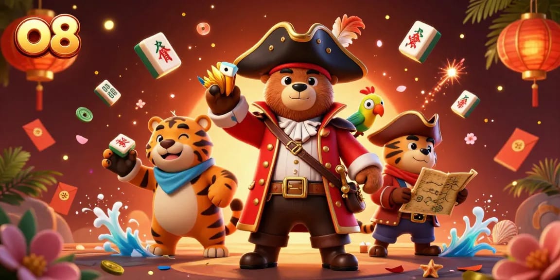 Experience thrilling action at o8 with a colorful bear pirate and his tiger mate exploring a treasure map.