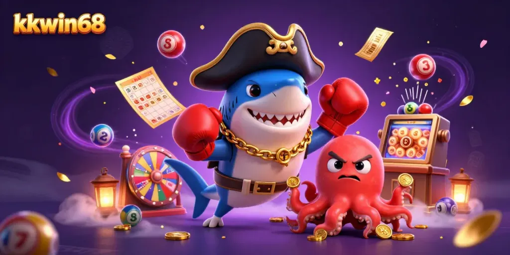 Experience excitement at kkwin68 with a vibrant illustration showcasing a playful casino scene featuring 3D characters.