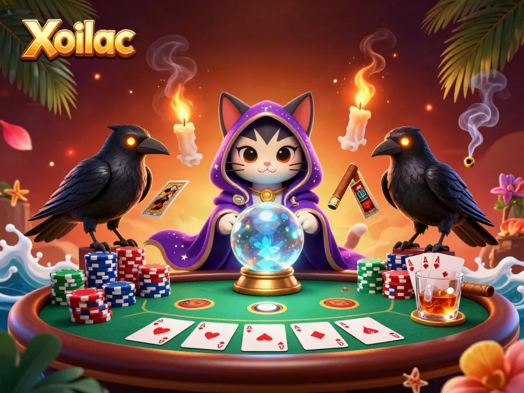 Xoilac unveils an enchanting scene with a fortune teller cat and a raven amidst a vibrant poker table.
