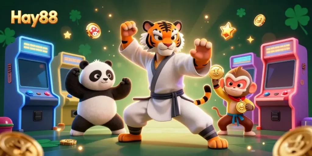 Experience thrilling gaming moments with Hay88, featuring a kung fu tiger, panda, and monkey amidst colorful casino elements.