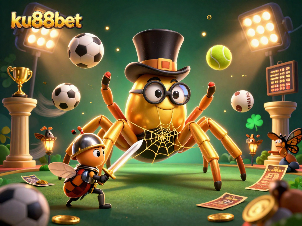Bet big with ku88bet in this vibrant casino scene featuring a giant golden tarantula!