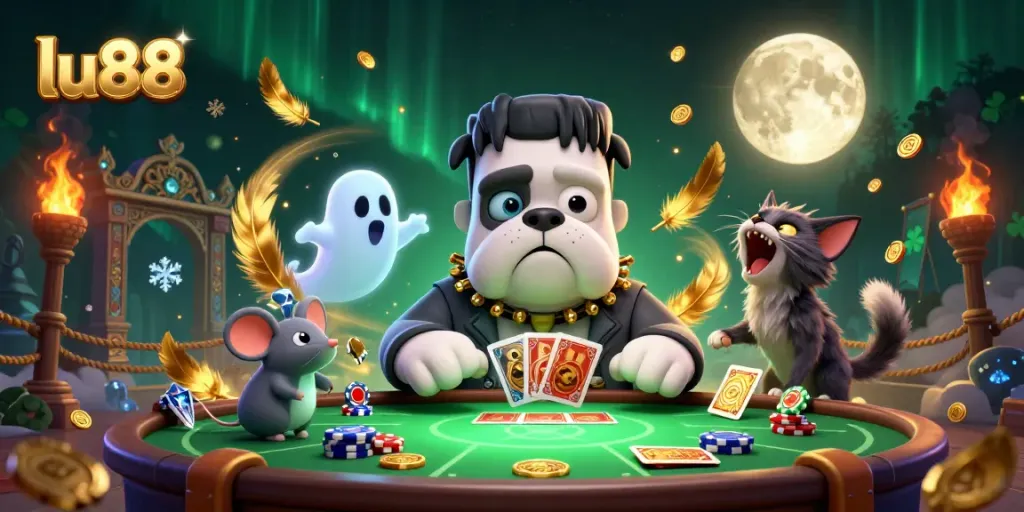 Experience the action at lu88 with a Frankenstein bulldog dealer, ghost mouse, and werewolf kitten at a lively gaming table.