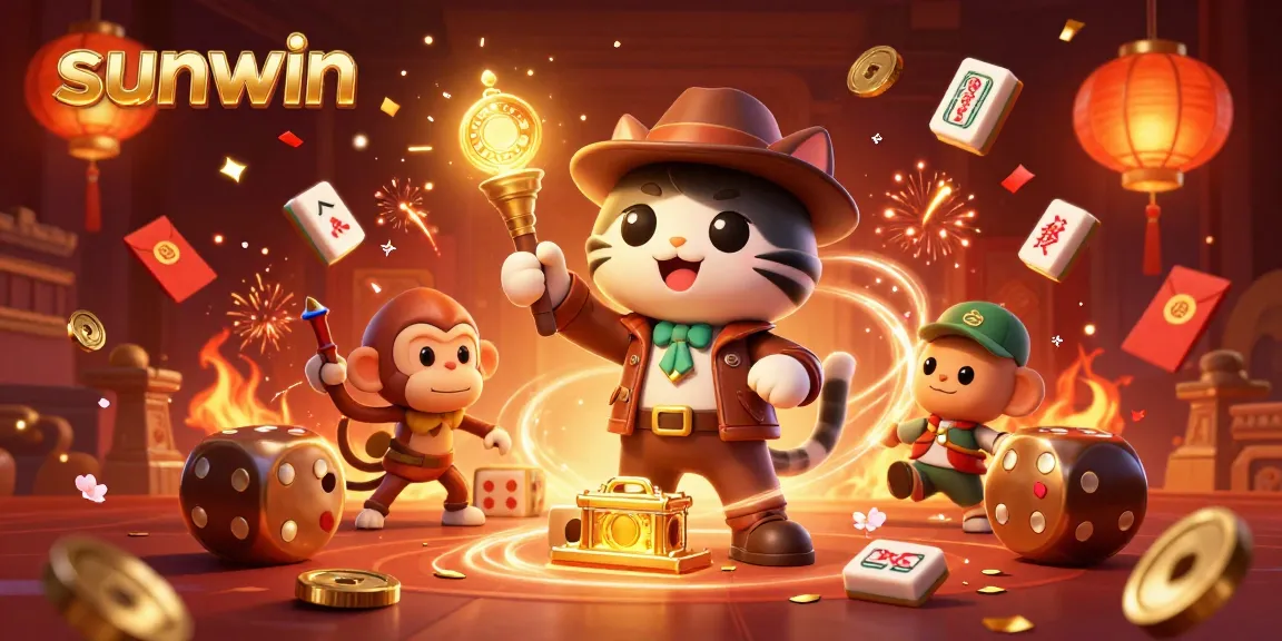 sunwin showcases a vibrant scene with an explorer cat and a monkey discovering golden casino artifacts amidst dynamic casino elements.
