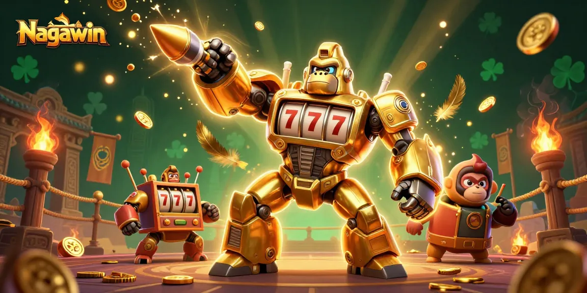 Nagawin showcases a dynamic scene with a golden gorilla mech and casino elements pounding the ground.