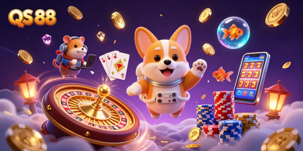 Experience the excitement of QS 88 gaming with a dynamic astronaut-themed casino scene.