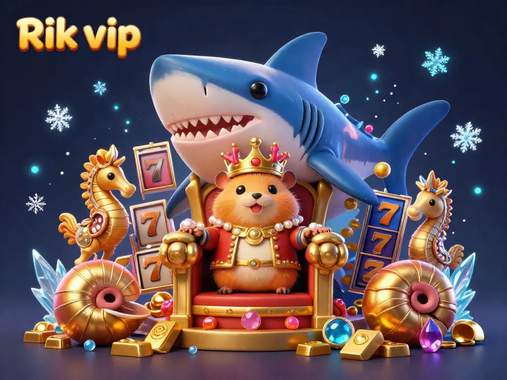 Engage with the thrilling adventure of Rik vip, featuring a golden hamster king among vibrant slot reels and treasures.