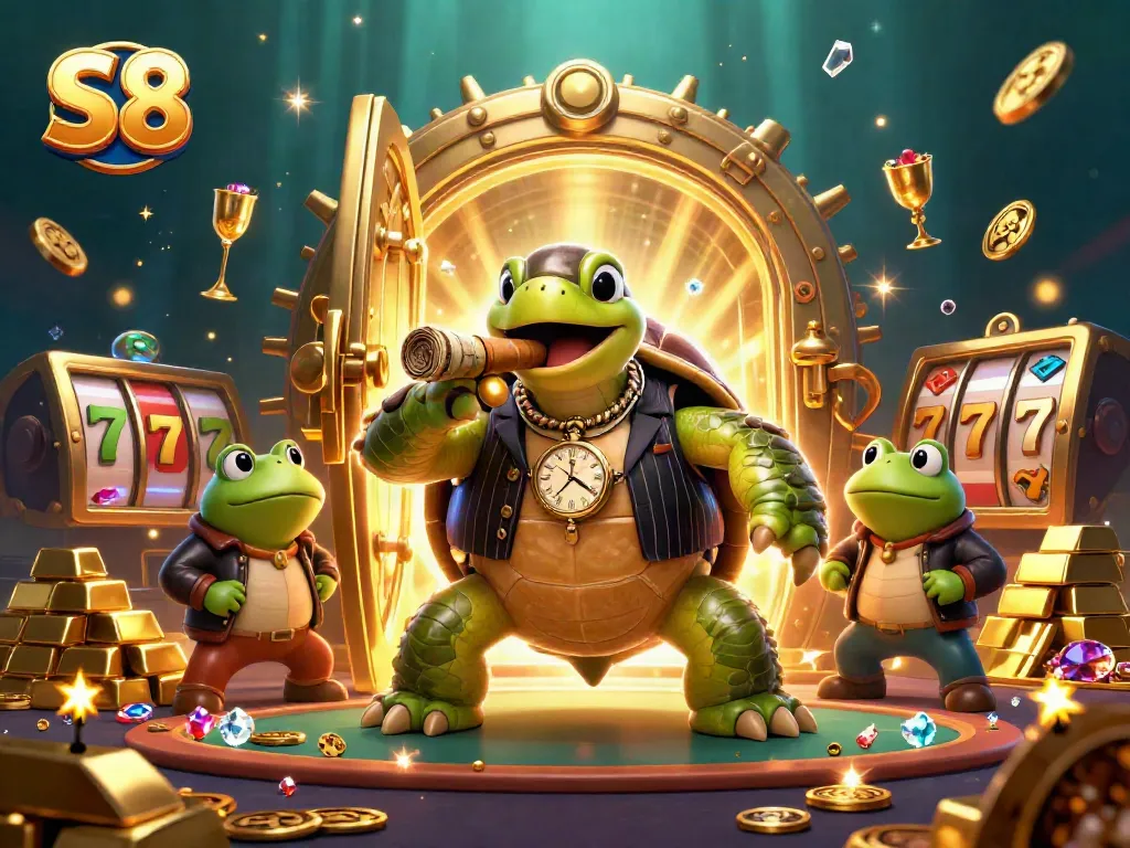 S8 showcases a vibrant cartoon casino scene featuring a mobster turtle and frog enforcers surrounded by treasures and slot machines.