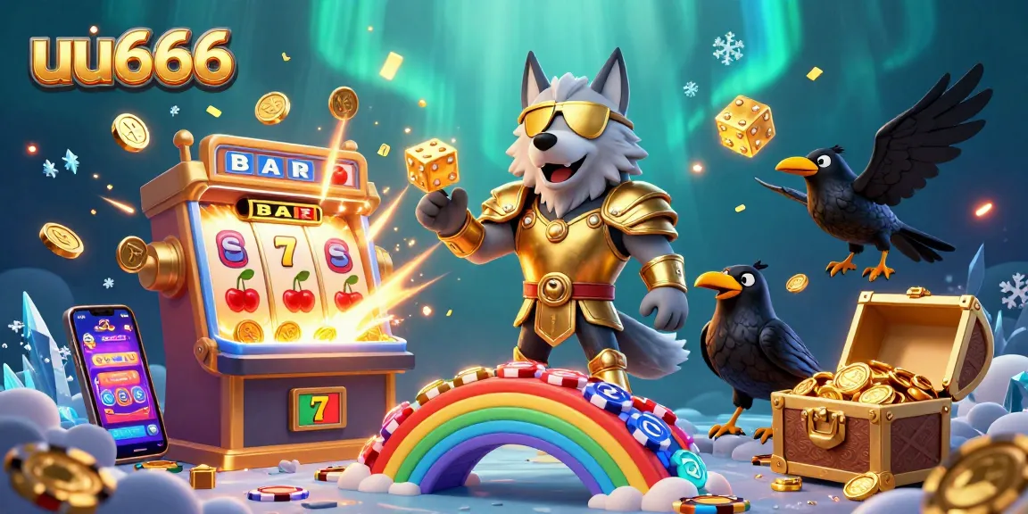 Spin the reels of fun with uu666, featuring a Norse god and slot symbols in a vibrant casino scene.