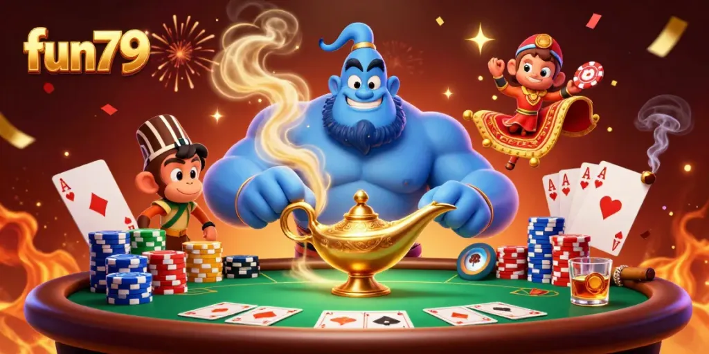 Unleash winning strategies at fun79 with a dynamic 3D casino scene featuring a genie and poker elements.