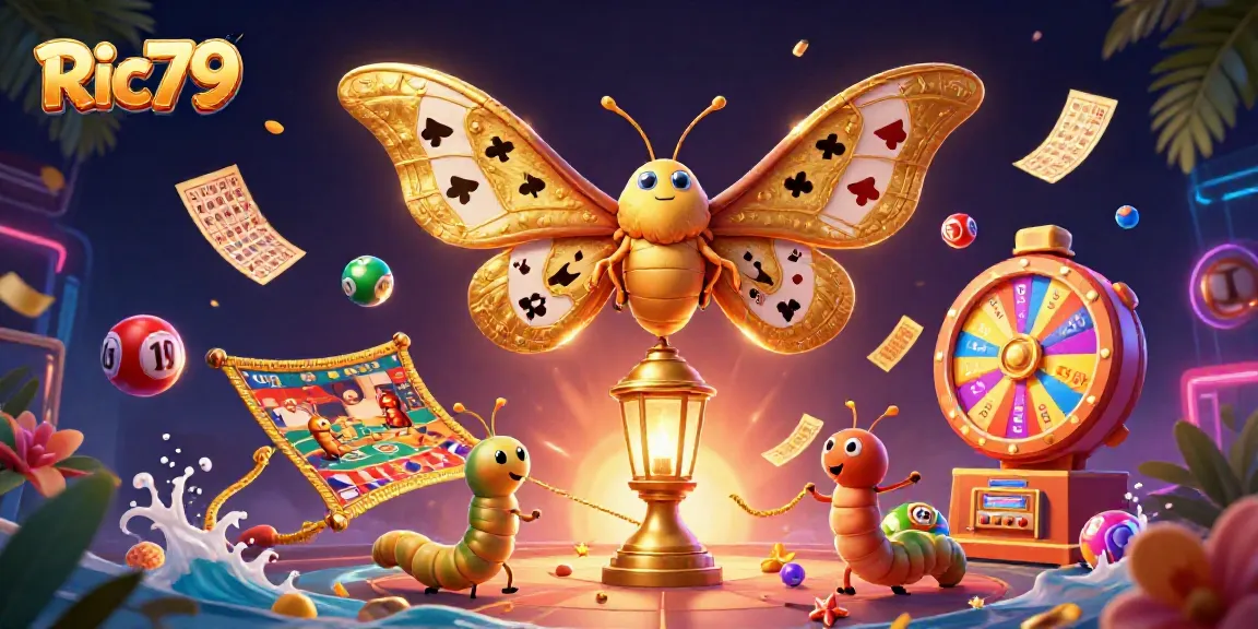 Engage with the vibrant casino world of Ric79 featuring a dynamic illustration of a golden-winged moth surrounded by lottery elements.