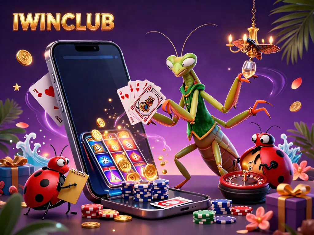 IWINCLUB features a vibrant 3D casino scene with dynamic gameplay elements and colorful characters.