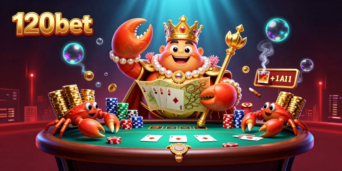 Engage with thrilling 120bet casino action featuring a golden crab emperor amongst poker elements.