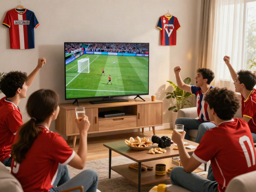 Fans enjoying Thapcamtv live football match in a lively living room.
