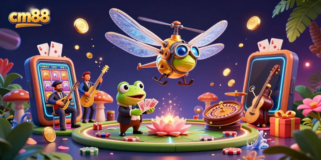 Experience thrilling games at cm88 with a vibrant casino scene featuring playful cartoon characters, slot games, and a lively ambiance.