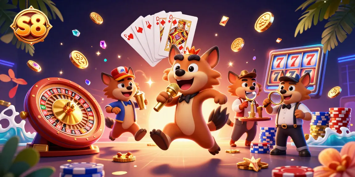 S8 features a vibrant casino atmosphere with hyenas as entertainers, surrounded by sparkling gems and casino elements.