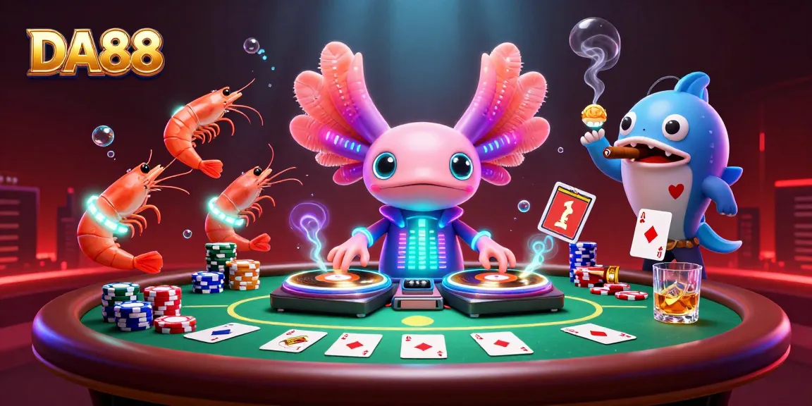 DA88 gaming scene featuring vibrant neon axolotl DJ and poker elements for online gamblers.