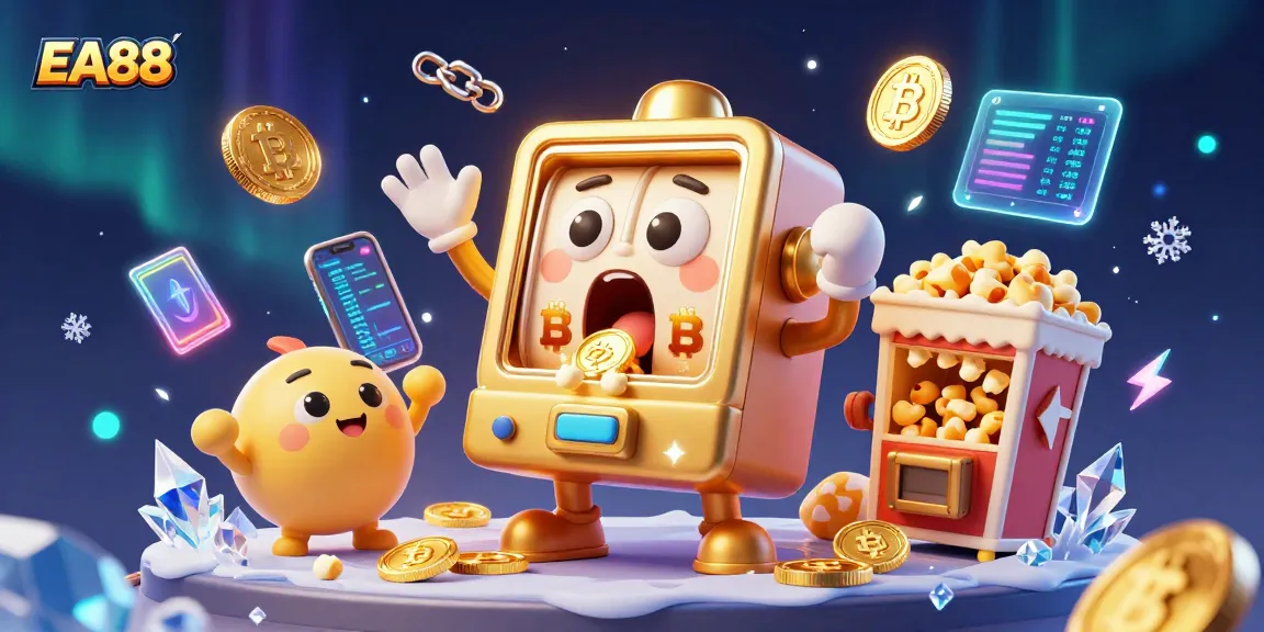 EA88 slot machine hits jackpot as coins pour out, featuring cheering baby slots and crypto elements.