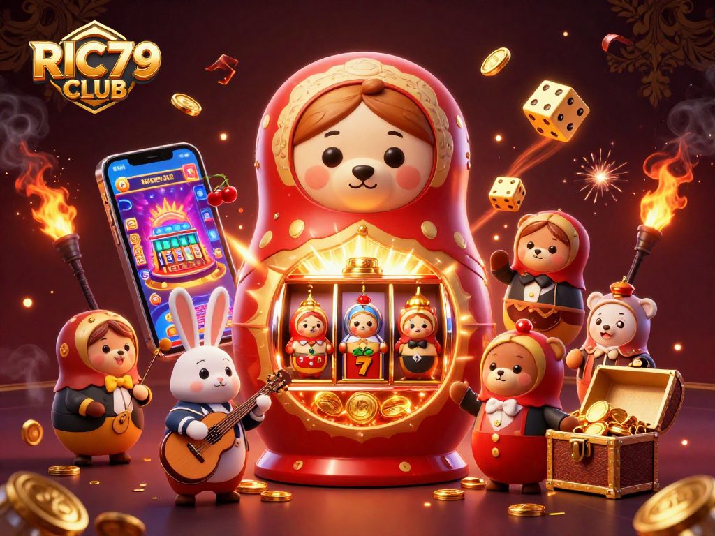 Experience the thrilling world of RIC79 CLUB with an ultra-detailed 3D casino scene bursting with excitement.