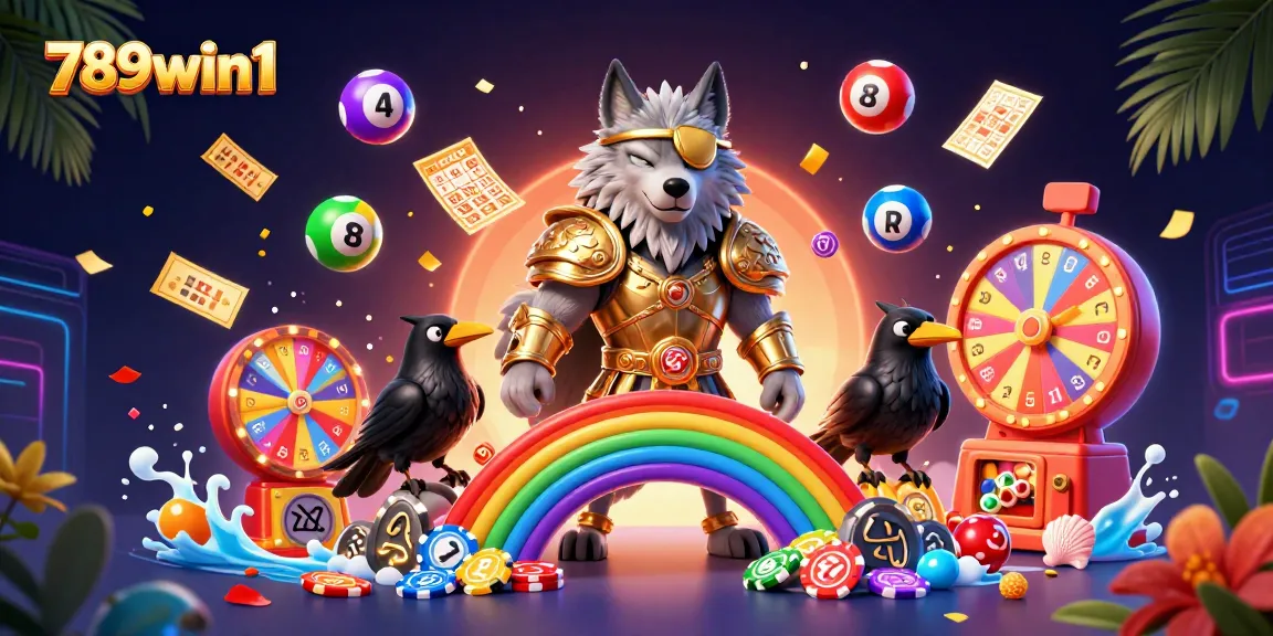 Engage with 789win1 in a vibrant 3D illustrated casino world filled with dynamic lottery elements.