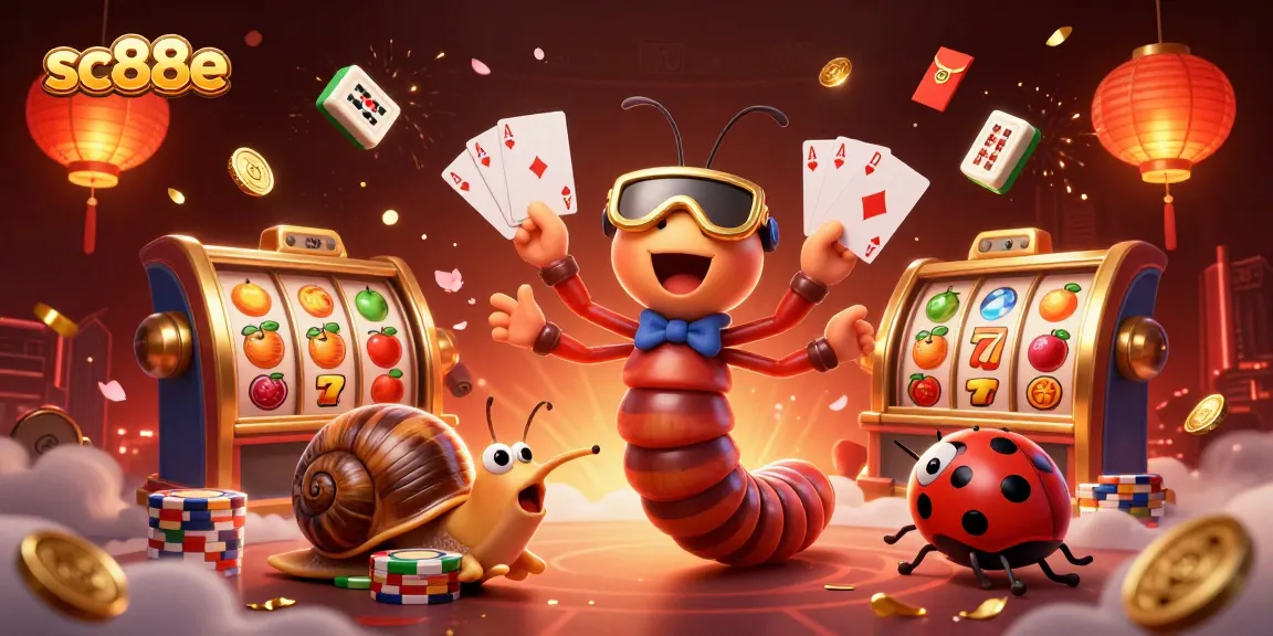 Play exciting slot games at sc88e with a dynamic 3D illustration of vibrant characters and casino elements.