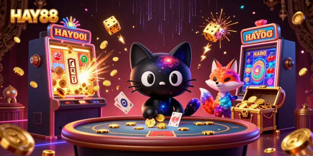 Experience the thrill of HAY88 with a cosmic casino scene featuring playful characters and dynamic gaming elements.