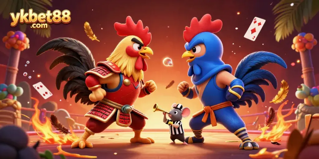 Experience exciting cockfighting action with ykbet88 com in this vibrant 3D illustration.