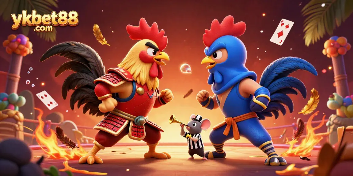 Experience exciting cockfighting action with ykbet88 com in this vibrant 3D illustration.