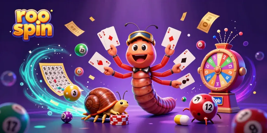 Experience the excitement of roo spin with a vibrant casino scene featuring a cartoon dealer and high-roller characters.