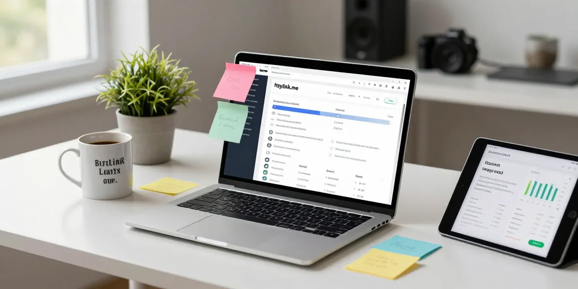 Pengguna GEGESLOT mendesain profil Heylink.me di ruang kerja modern dengan pencahayaan cerah.
