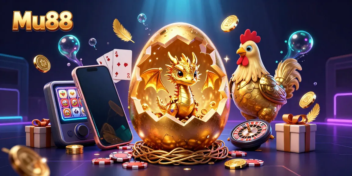 Experience the thrill of Mu88 with a golden dragon revealing treasures and vibrant casino elements.