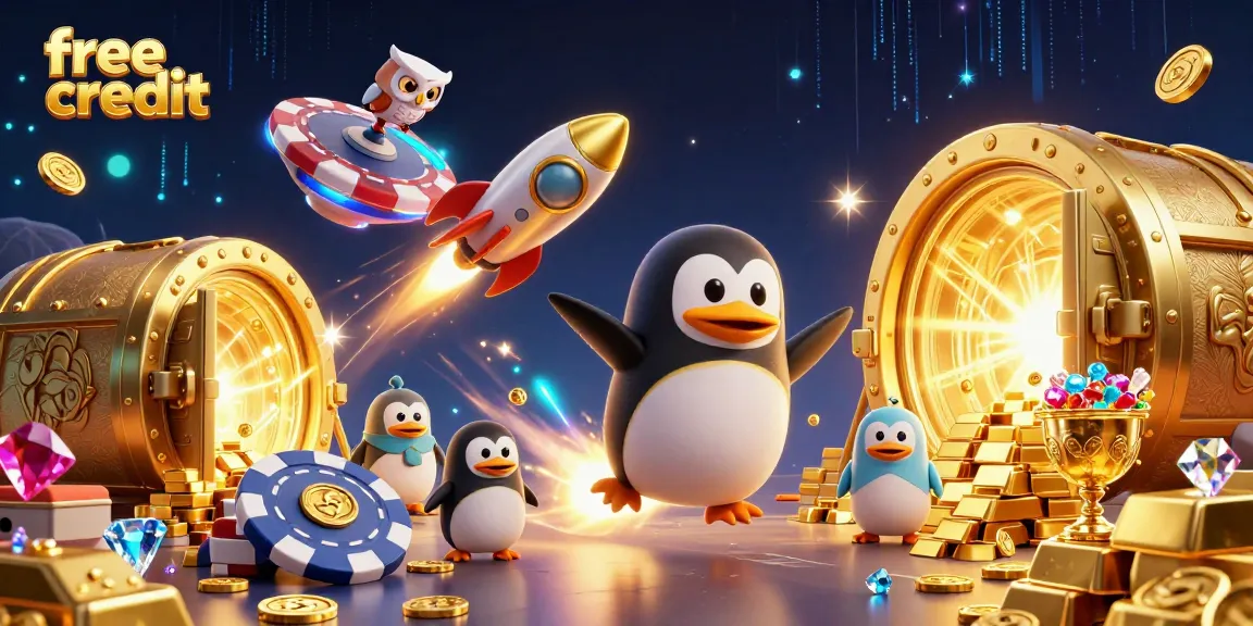 Experience the excitement of free credit at the casino with a golden penguin blasting through space.