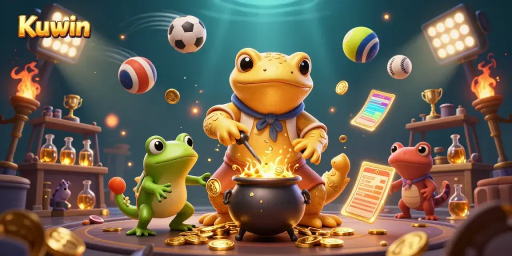 Kuwin's immersive 3D scene showcases a golden salamander alchemist and vibrant sports elements, reflecting an engaging casino atmosphere.